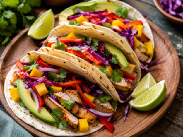 Farebné tacos s kuracím mäsom, mangom a avokádom