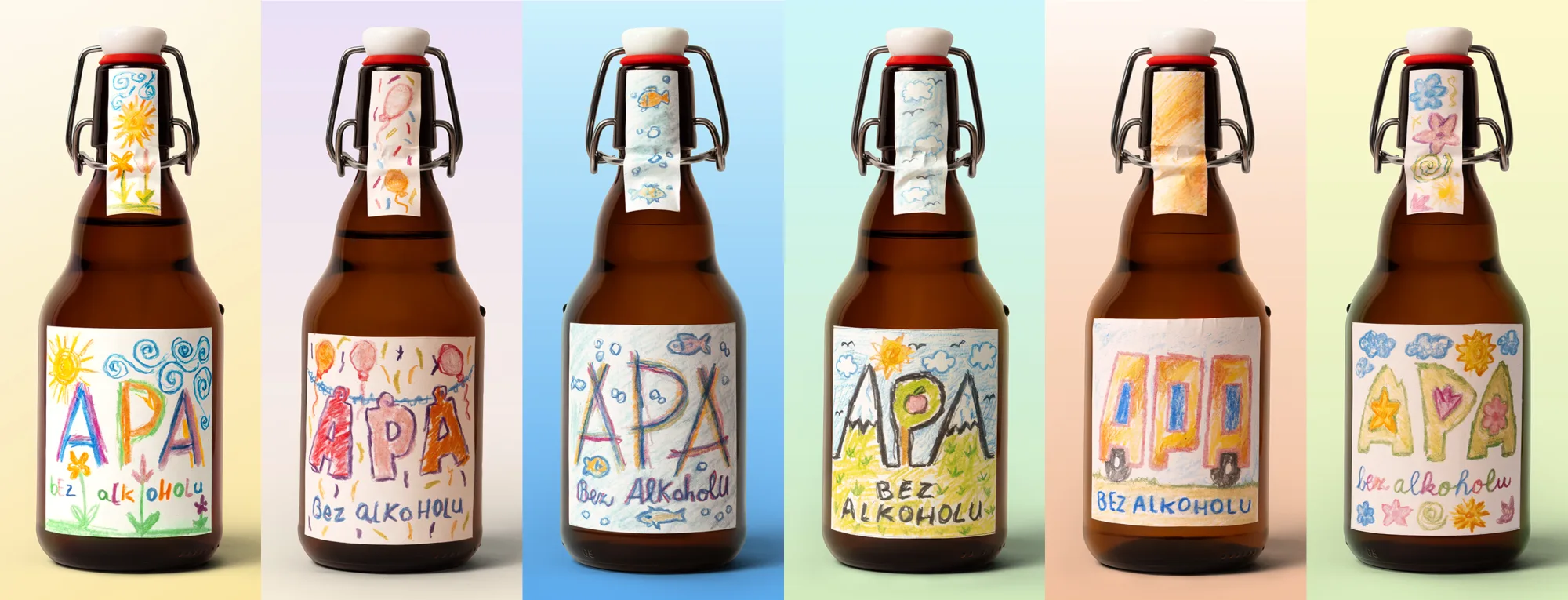 Fľaše APA bez alkoholu s farebnými etiketami nakreslenými deťmi